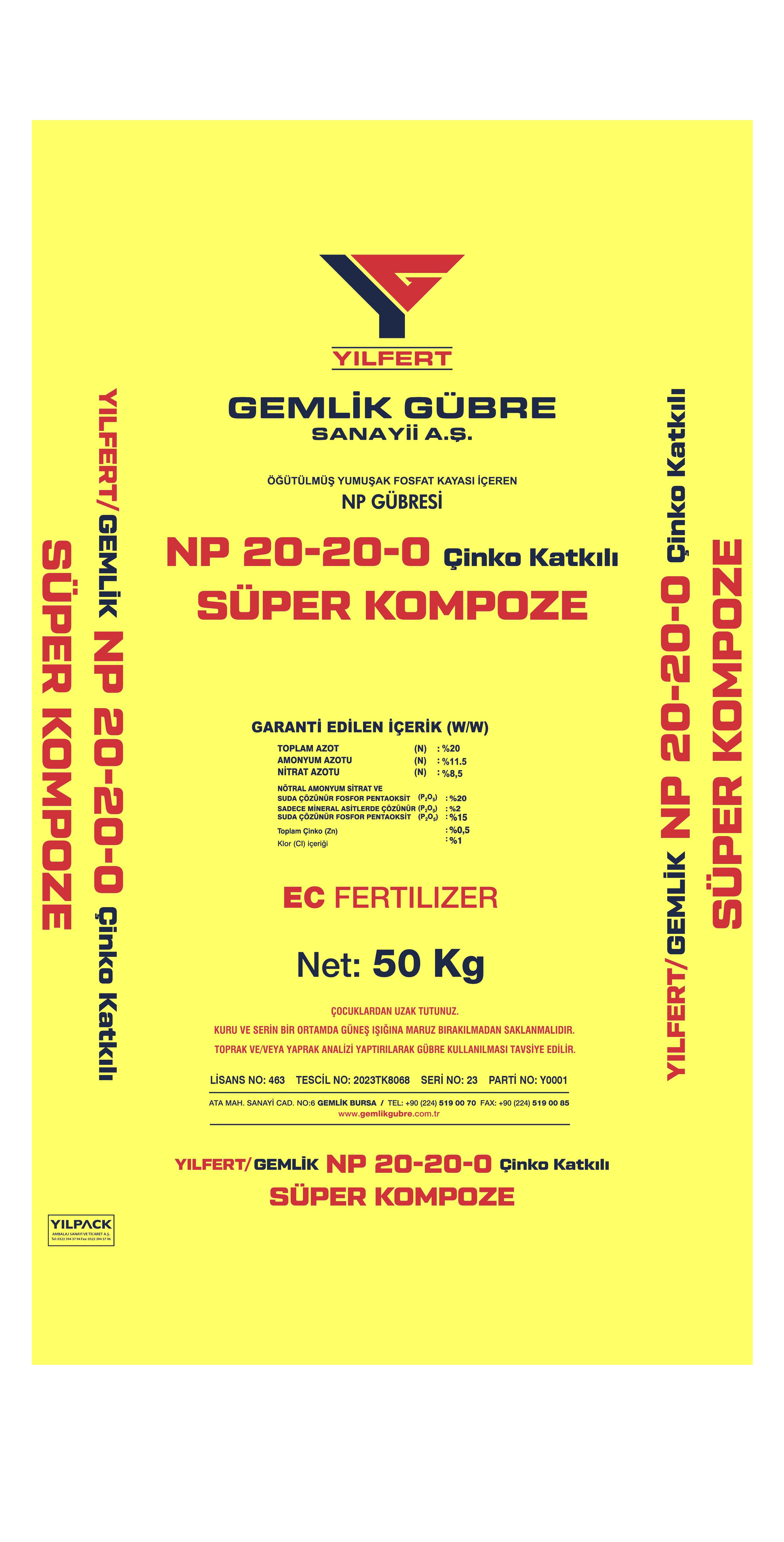 YILFERT GEMLİK NP 20-20-0 ÇİNKO KATKILI SÜPER KOMPOZE